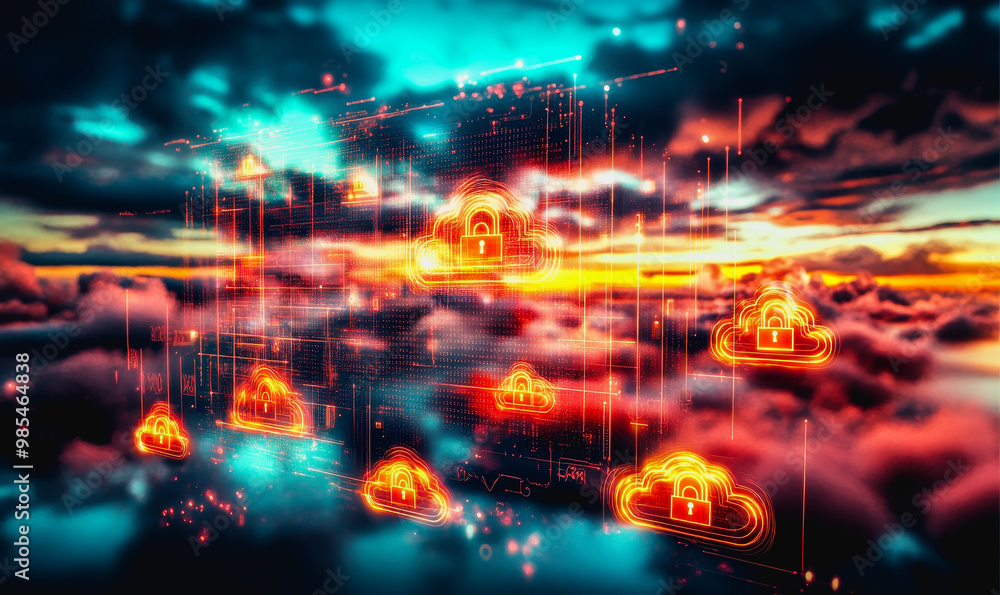 Aufkleber glowing secure cloud icons connected in a digital futuristic landscape with data transfer lines
