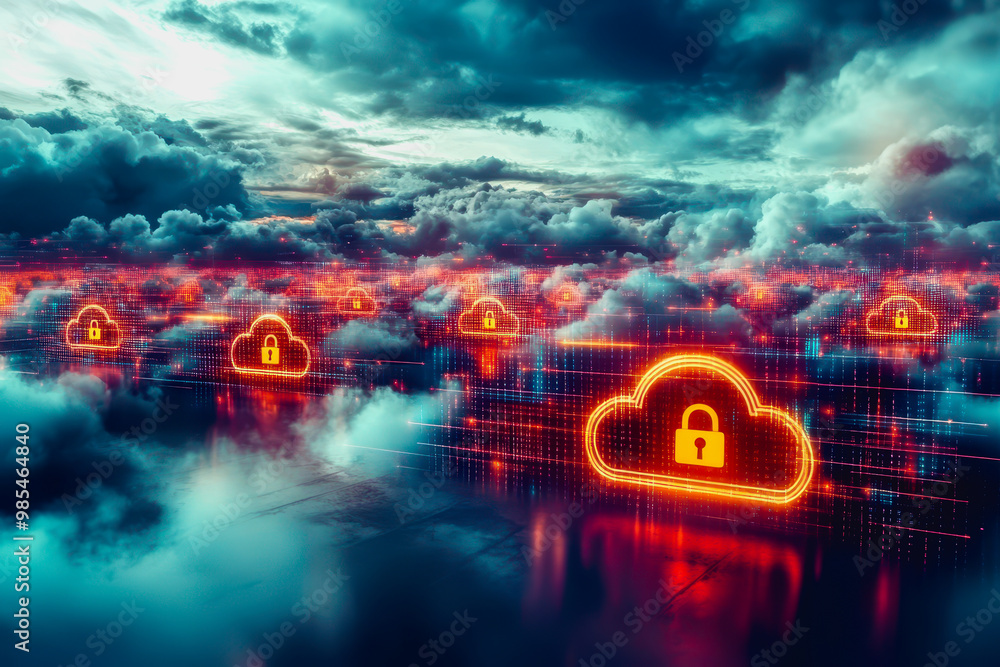 Aufkleber glowing secure cloud icons connected in a digital futuristic landscape with data transfer lines
