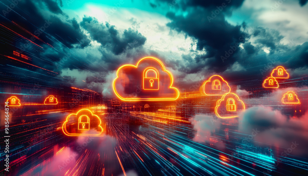 Poster glowing secure cloud icons connected in a digital futuristic landscape with data transfer lines