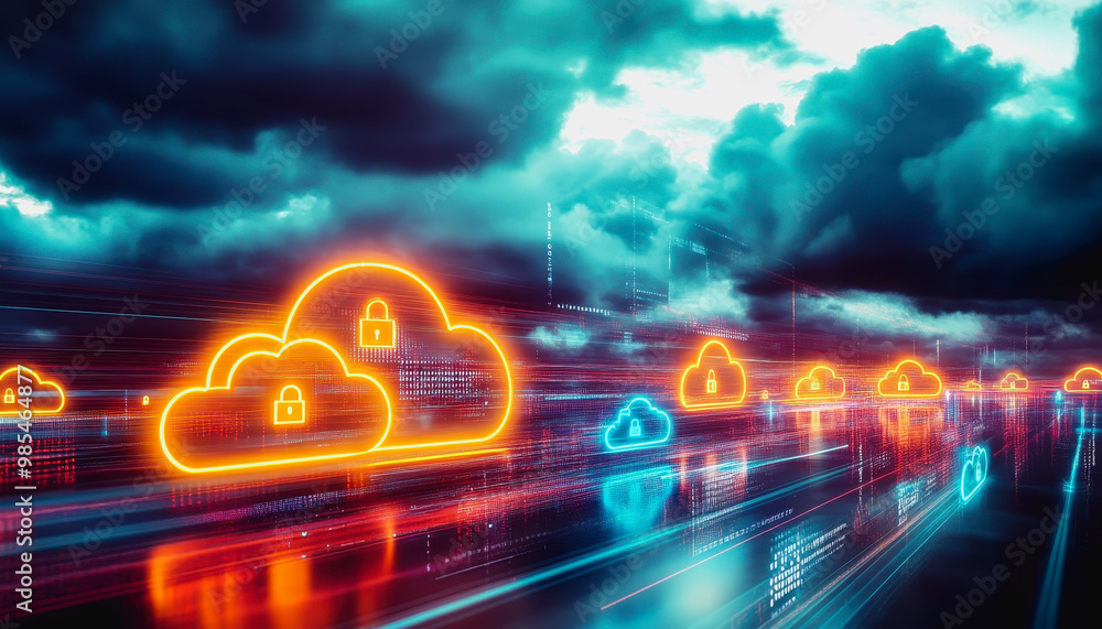 Poster glowing secure cloud icons connected in a digital futuristic landscape with data transfer lines