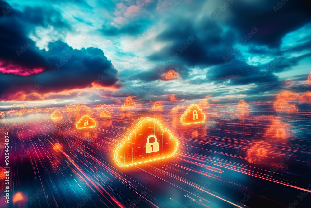 Poster glowing secure cloud icons connected in a digital futuristic landscape with data transfer lines