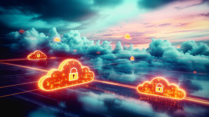 Glowing secure cloud icons connected in a digital futuristic landscape with data transfer lines