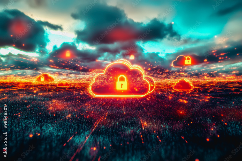 Poster glowing secure cloud icons connected in a digital futuristic landscape with data transfer lines