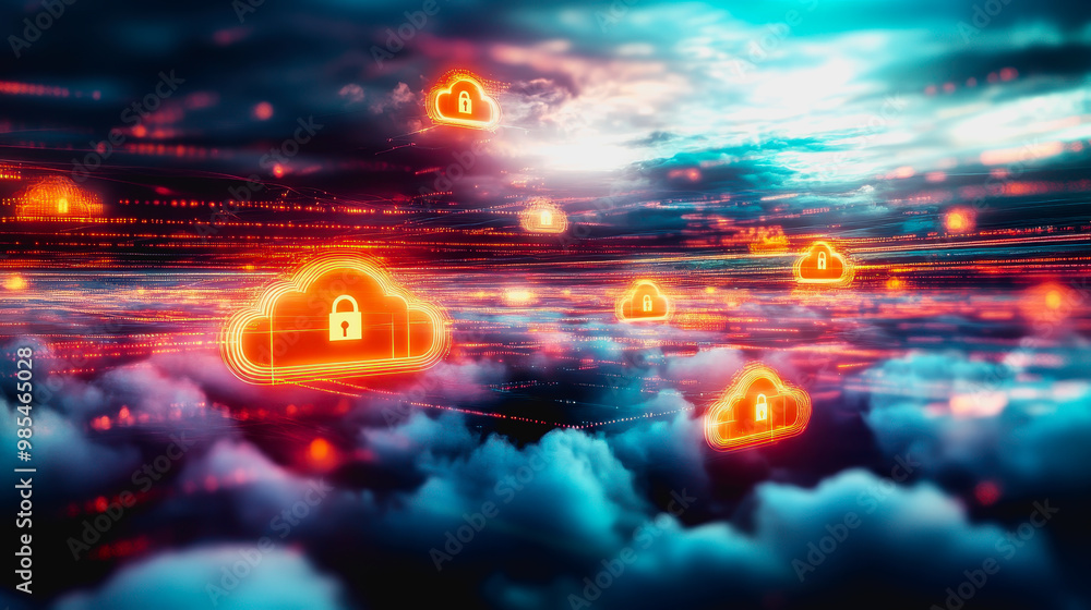 Poster glowing secure cloud icons connected in a digital futuristic landscape with data transfer lines