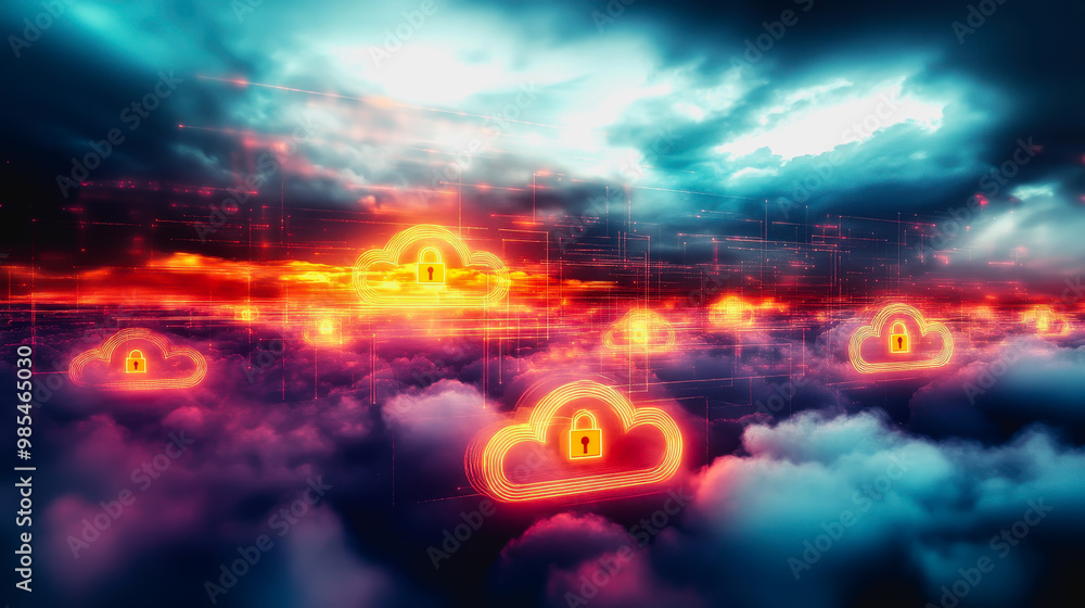 Aufkleber glowing secure cloud icons connected in a digital futuristic landscape with data transfer lines