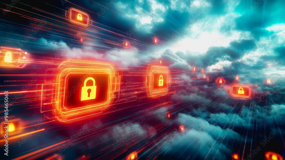 Poster glowing secure cloud icons connected in a digital futuristic landscape with data transfer lines