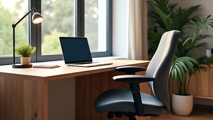 Fototapeta premium A contemporary home office featuring a clean desk and ergonomic chair creates a productive workspace, blending style and comfort for an efficient and inspiring working environment.