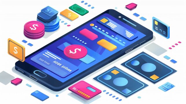 Online Payment with Mobile Phone Isometric Concept. Online shopping. Vector Illustration. Internet Banking. Modern Design Concept. Transferring Money from One Client to Another Via Smartphone.