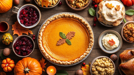 Delicious pumpkin pie surrounded by festive autumn dishes and decorations