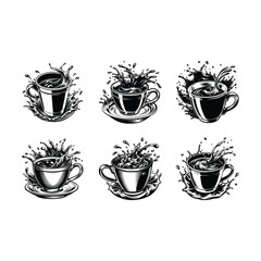 Obraz premium Coffee cup with splashes in vector style, featuring cartoon, clipart, and line art designs and ai generative