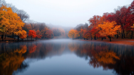 Fototapeta premium A serene lake surrounded by vibrant autumn trees reflects colorful foliage