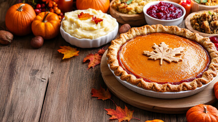 Delicious pumpkin pie with autumn decorations, surrounded by festive dishes