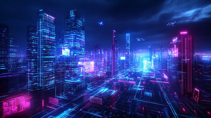 Futuristic city skyline with neon lights and digital elements, creating vibrant atmosphere