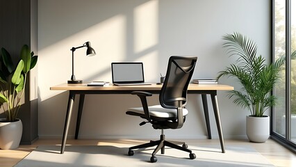 A contemporary home office featuring a clean desk and ergonomic chair creates a productive workspace, blending style and comfort for an efficient and inspiring working environment.