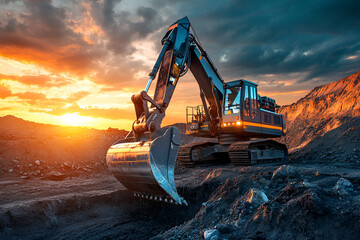Excavator in opencast on sunset Electric EV futuristic excavator in open-pit. Digger with bucket. Electric excavator in a quarry during mining, future concept