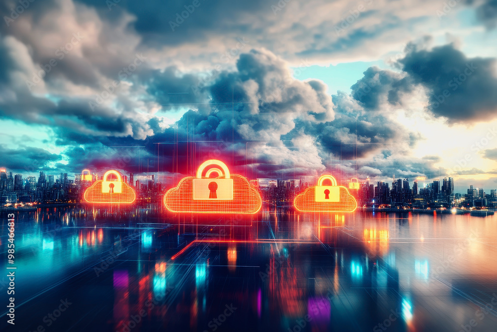 Poster neon-lit secure clouds in a surreal digital realm with data flow and futuristic connectivity