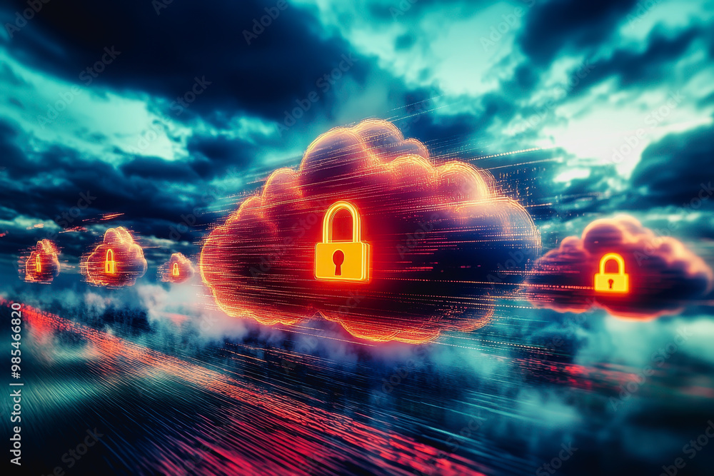 Poster neon-lit secure clouds in a surreal digital realm with data flow and futuristic connectivity