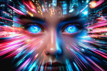 Futuristic cityscape with neon lights, speeding cars, and a woman's glowing blue eyes