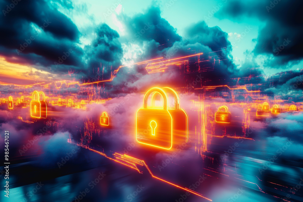 Poster neon-lit secure clouds in a surreal digital realm with data flow and futuristic connectivity