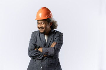 contractors or miners wearing helmet suits. happy faces, celebrating success