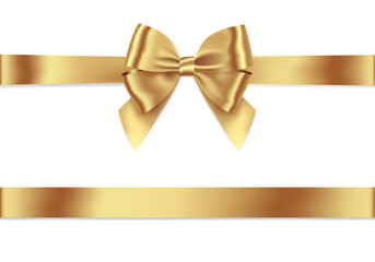 Gold Ribbon Bow Realistic shiny satin with shadow horizontal ribbon for decorate your wedding invitation card ,greeting card or gift boxes vector EPS10 isolated on white background.