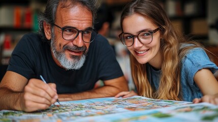 Fototapeta premium Couple Planning a Trip Together Using a Map