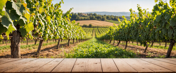 vineyard and empty wooden table