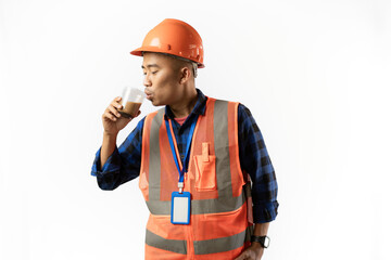 happy-faced mining worker contractor drinking coffee isolated white