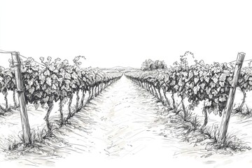 Hand drawn Aesthetic Monochrome Vineyard Landscape with Serene Perspective