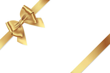 Gold Ribbon Bow Realistic shiny satin with shadow place on corner of paper for decorate your wedding invitation card ,greeting card or gift boxes vector EPS10 isolated on white background.