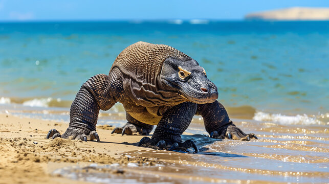 Giant Komodo dragon moving slowly on beach sand with blue ocean background, Ai generated images