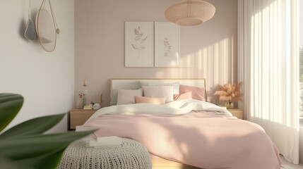Light, cute, and cozy home bedroom interior with soft textures and pastel colors, creating a warm and inviting space. 3D rendering.