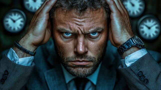 Man Stressed by Time, Clock, Deadline, Anxiety