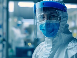 A lab technician wearing protective gear