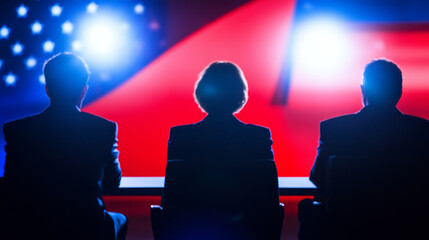 image captures candidates at debate table under harsh lights, creating tense atmosphere. silhouettes of individuals suggest serious discussion