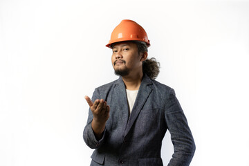 the happy expression of a boss. stylish asian man with suit and orange helmet on white background. construction or mining business concept photoonstruction or mining business concept photo