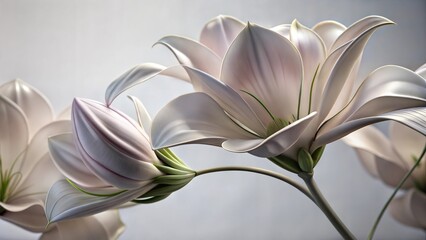 3D-rendered abstract white flowers with soft pink hues and delicate petals on a light background