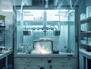 A laboratory fume hood with equipment inside