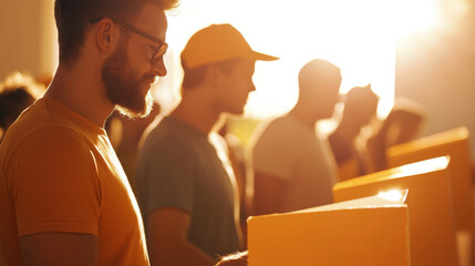Diverse individuals participate in trade union election, casting their votes in warm, sunlit environment. atmosphere is filled with anticipation and community spirit
