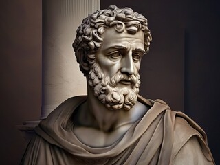 Obraz premium Stone face with stern expression of ancient thinker, Greek philosopher in stone, on dark background. Stoicism