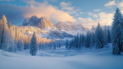 Obraz premium Alpine Winter Landscape: Majestic Mountains and Frozen Lake at Dawn or Dusk