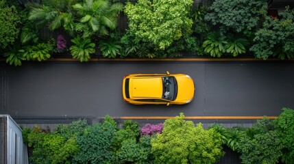 Urban Taxi Ride Along Paved Roadway in Dense Cityscape with Greenery.