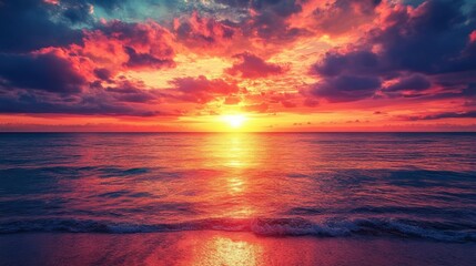 Tranquil Beach Sunset Glow Over Calm Ocean Waters