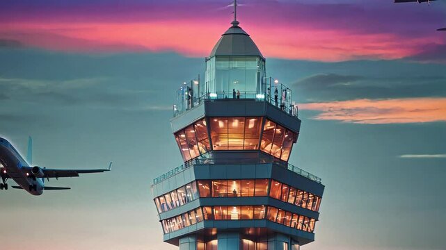 Modern Air Traffic Control Tower at Sunset
