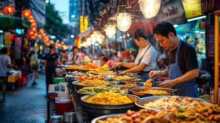 A vibrant street in Bangkok, with vendors preparing pad Thai and fresh mango sticky rice as locals and tourists gather around