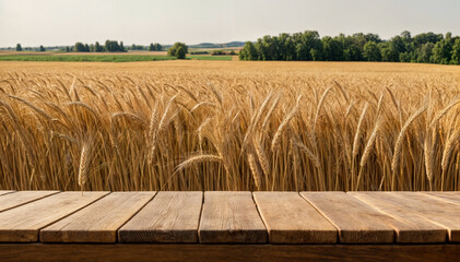 Empty wooden table with wheat field background, product display montage