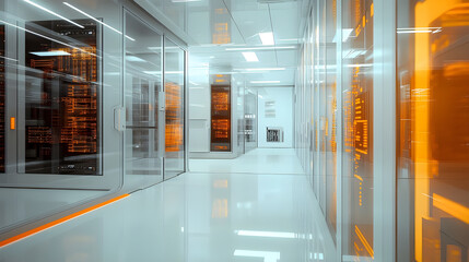 High-tech data center showcasing rows of servers with vibrant orange lighting, representing advanced technology and cybersecurity in a modern facility