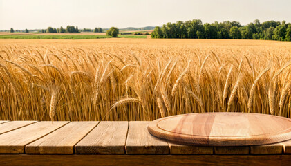 Empty wooden table with wheat field background, product display montage 
