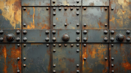 Fototapeta premium Rustic metal surface with rivets and rust texture detailed close up