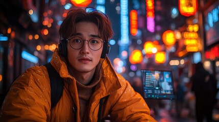 Fototapeta premium Young Man with Headphones in a City at Night